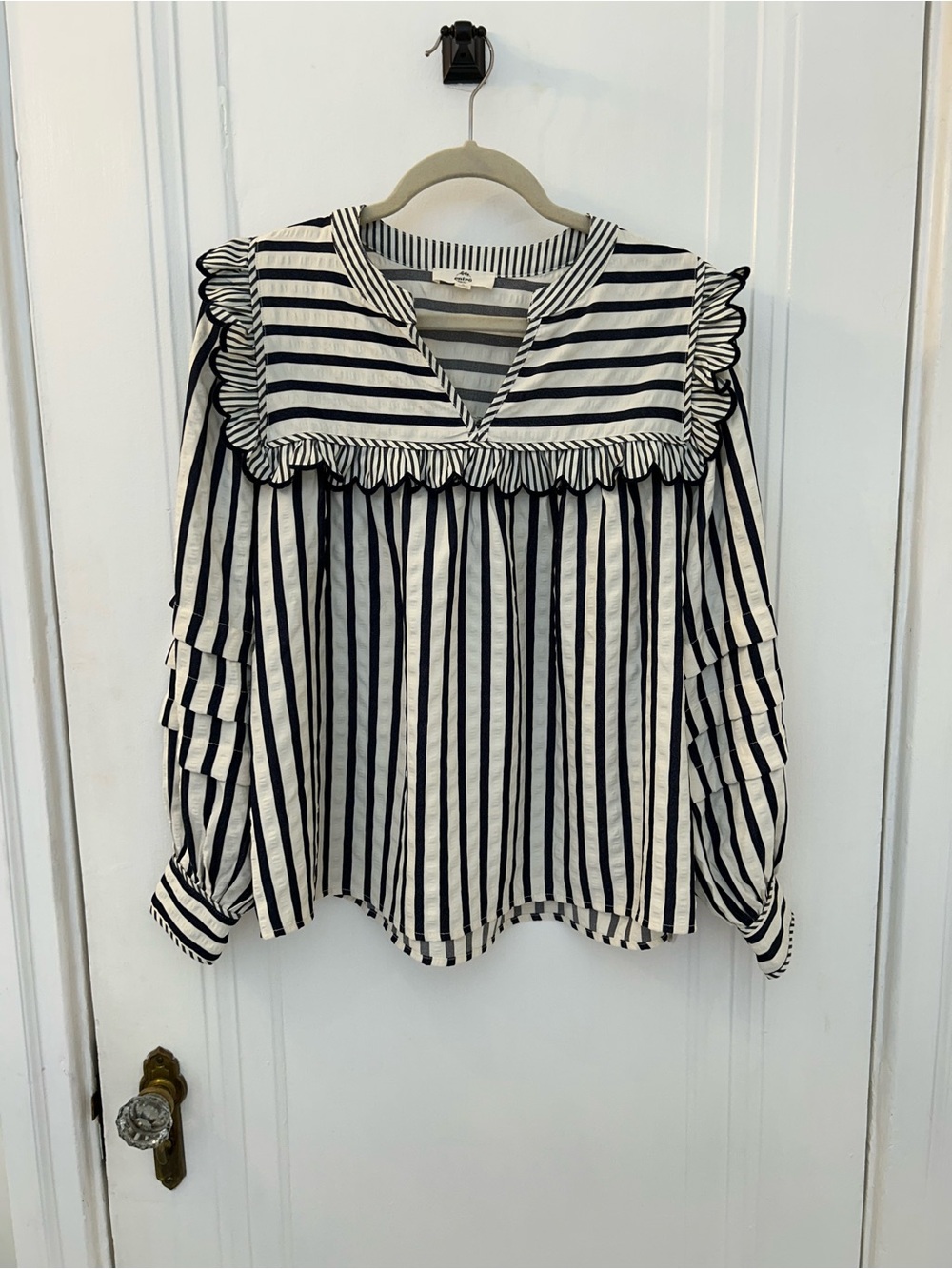 entro Black & White Striped Ruffle Yoke Blouse